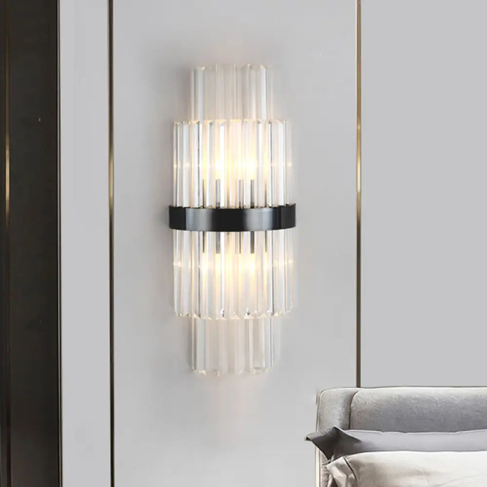DecorBites™ Modern Prism Crystal Wall Mount Lamp with 2 Tiers, 2 Bulbs, and Black Half-Cylinder Shade