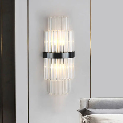 DecorBites™ Modern Prism Crystal Wall Mount Lamp with 2 Tiers, 2 Bulbs, and Black Half-Cylinder Shade