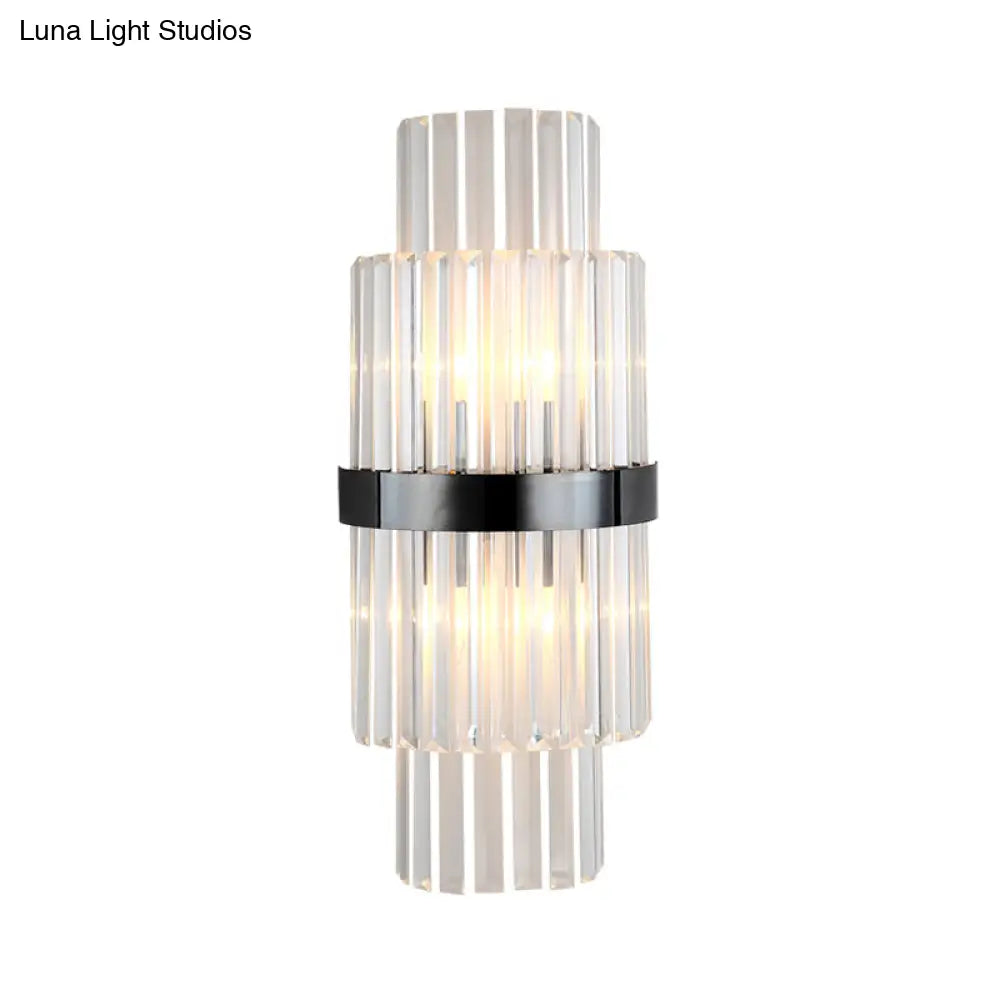 DecorBites™ Modern Prism Crystal Wall Mount Lamp with 2 Tiers, 2 Bulbs, and Black Half-Cylinder Shade