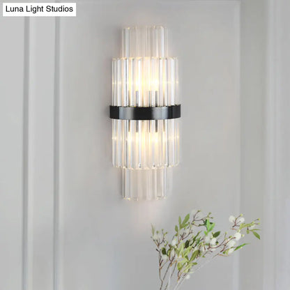 DecorBites™ Modern Prism Crystal Wall Mount Lamp with 2 Tiers, 2 Bulbs, and Black Half-Cylinder Shade