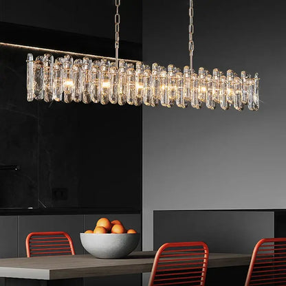 Modern rectangular brushed nickel crystal dimmable pendant light bedroom