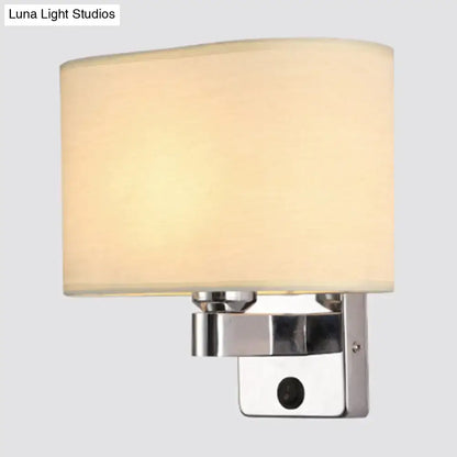 Modern rectangular chrome wall sconce with white beige fabric shade bedroom light