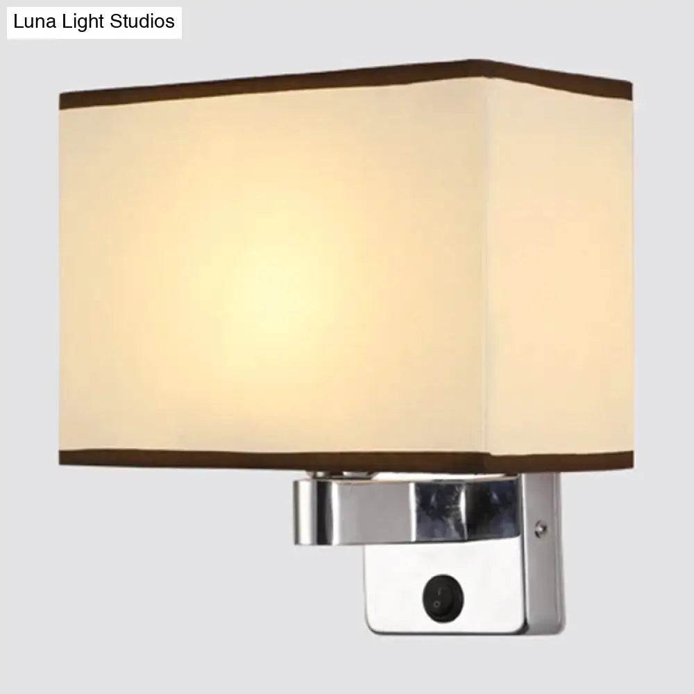 Modern rectangular chrome wall sconce with white beige fabric shade bedroom light