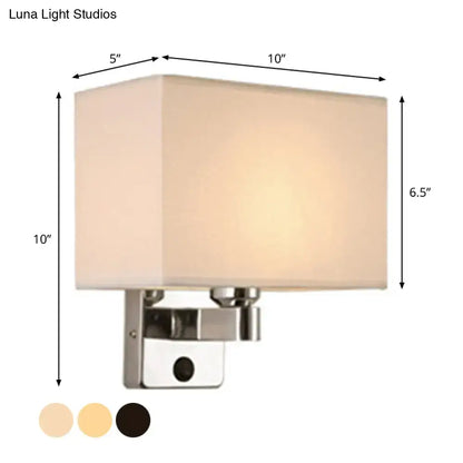 Modern rectangular chrome wall sconce with white beige fabric shade bedroom light