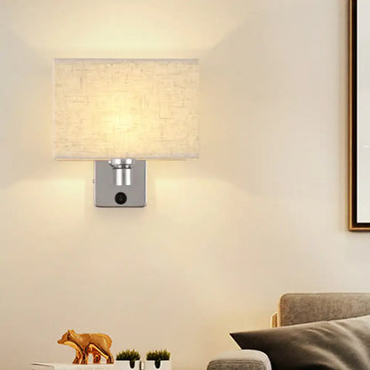 Modern rectangular chrome wall sconce with white beige fabric shade bedroom light