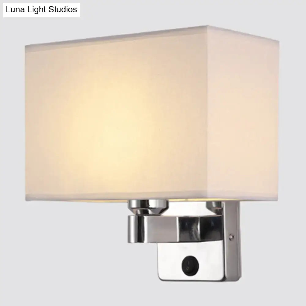 Modern rectangular chrome wall sconce with white beige fabric shade bedroom light