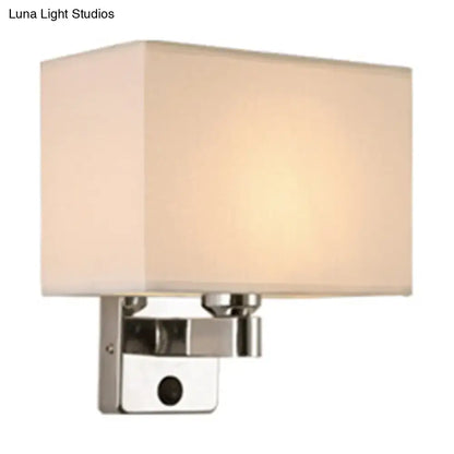 Modern rectangular chrome wall sconce with white beige fabric shade bedroom light