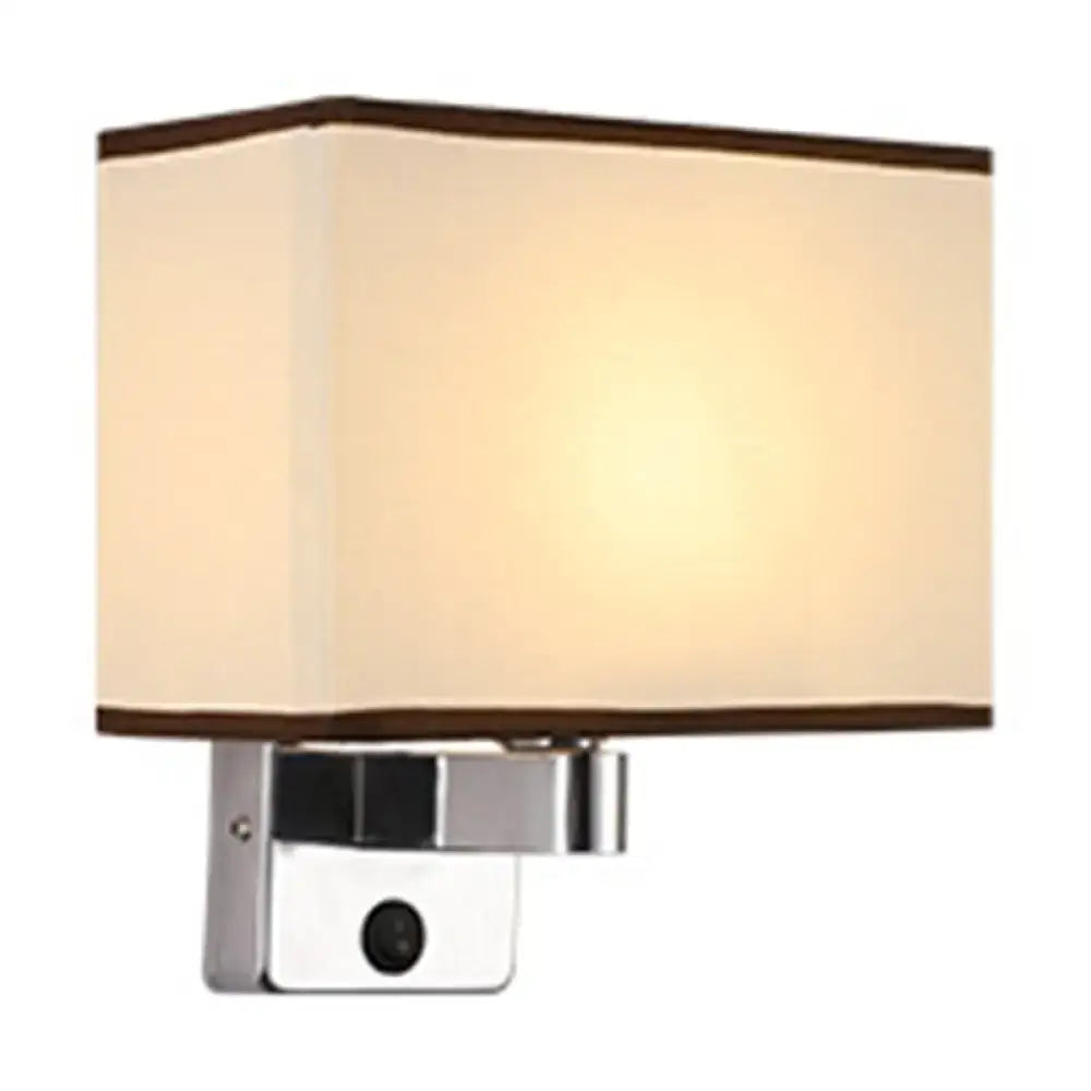 Modern rectangular chrome wall sconce with white beige fabric shade bedroom light