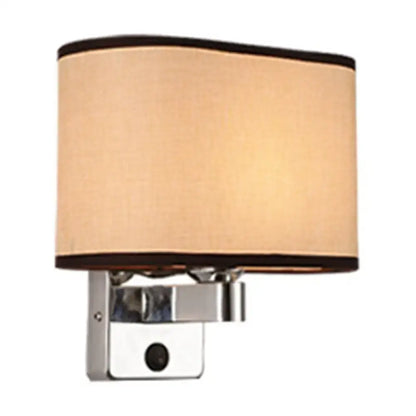 Modern rectangular chrome wall sconce with white beige fabric shade bedroom light