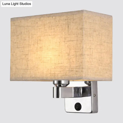 Modern rectangular chrome wall sconce with white beige fabric shade bedroom light
