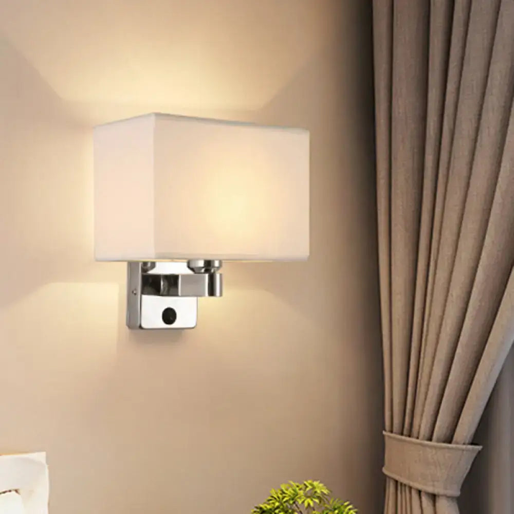 Modern rectangular chrome wall sconce with white beige fabric shade bedroom light
