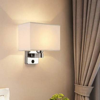 Modern rectangular chrome wall sconce with white beige fabric shade bedroom light