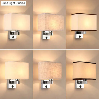 Modern rectangular chrome wall sconce with white beige fabric shade bedroom light