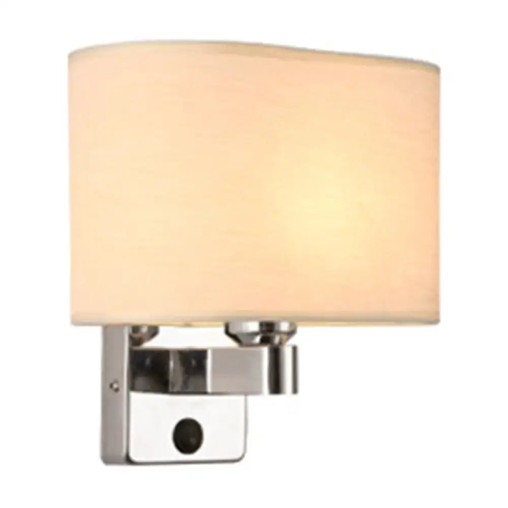 Modern rectangular chrome wall sconce with white beige fabric shade bedroom light