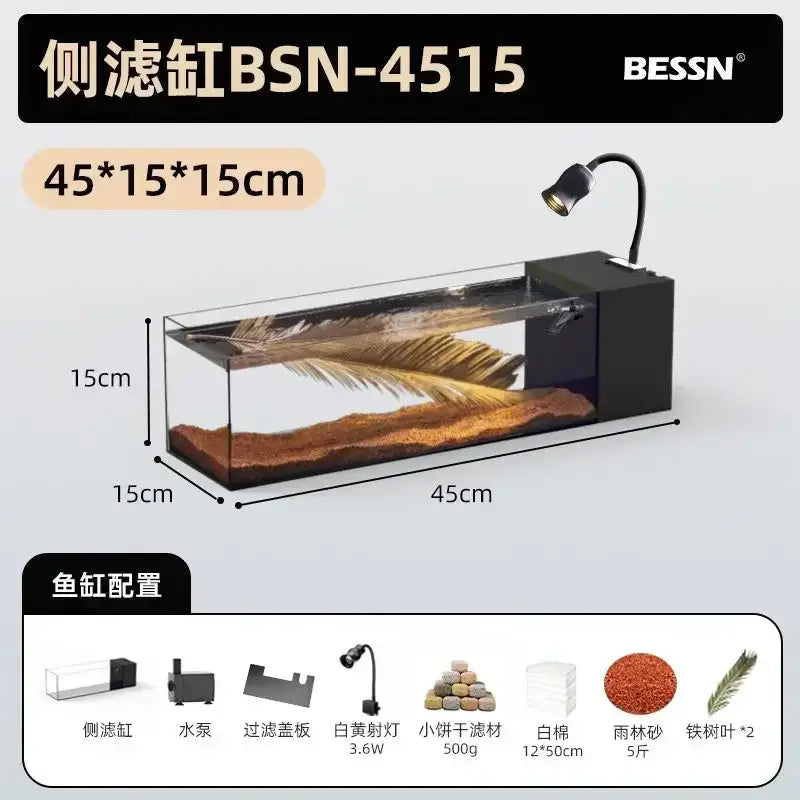 Modern rectangular glass betta fish tank with lamp for living room