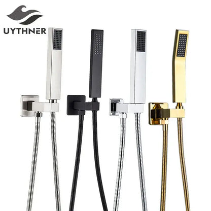 Modern rectangular handshower head with stainless steel hose bathroom