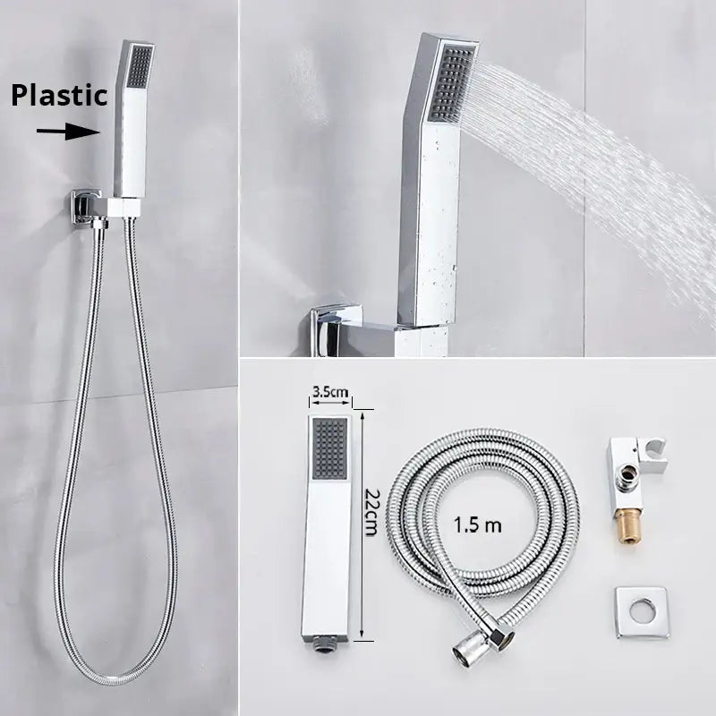 Modern rectangular handshower head with stainless steel hose bathroom