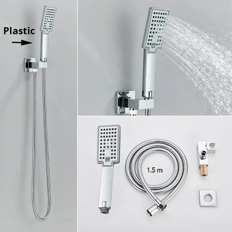 Modern rectangular handshower head with stainless steel hose bathroom