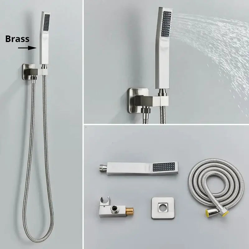 Modern rectangular handshower head with stainless steel hose bathroom