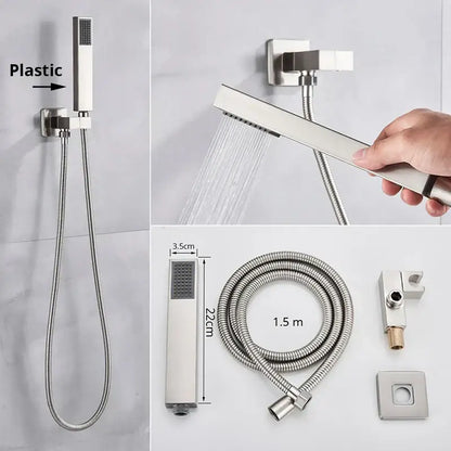Modern rectangular handshower head with stainless steel hose bathroom
