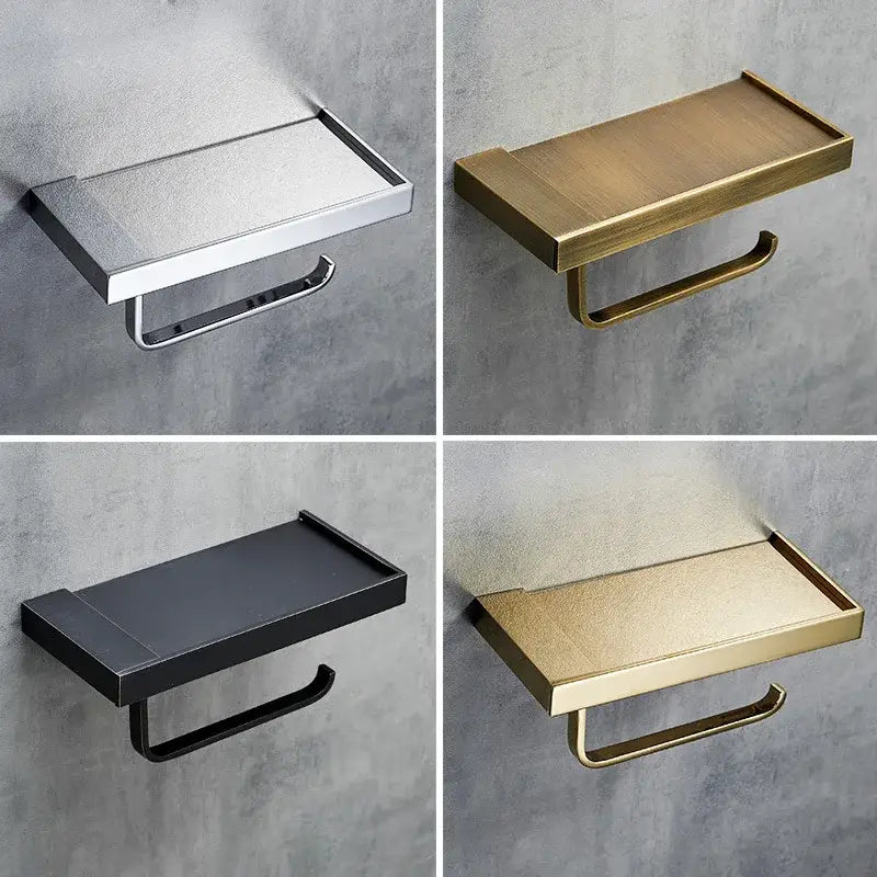 Modern rectangular metal toilet paper holder with tray for bathroom