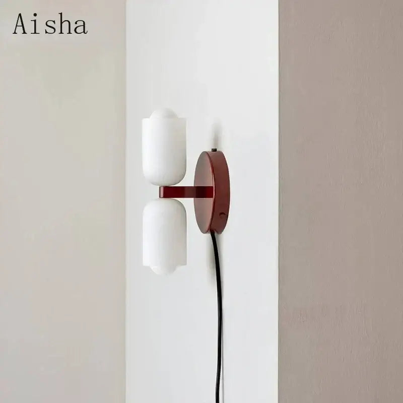 Modern red and white double head glass wall light for bedroom