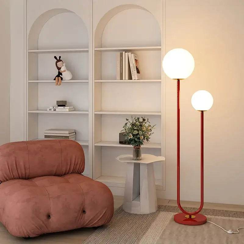Modern red and white metal floor lamp living room dual glass spheres