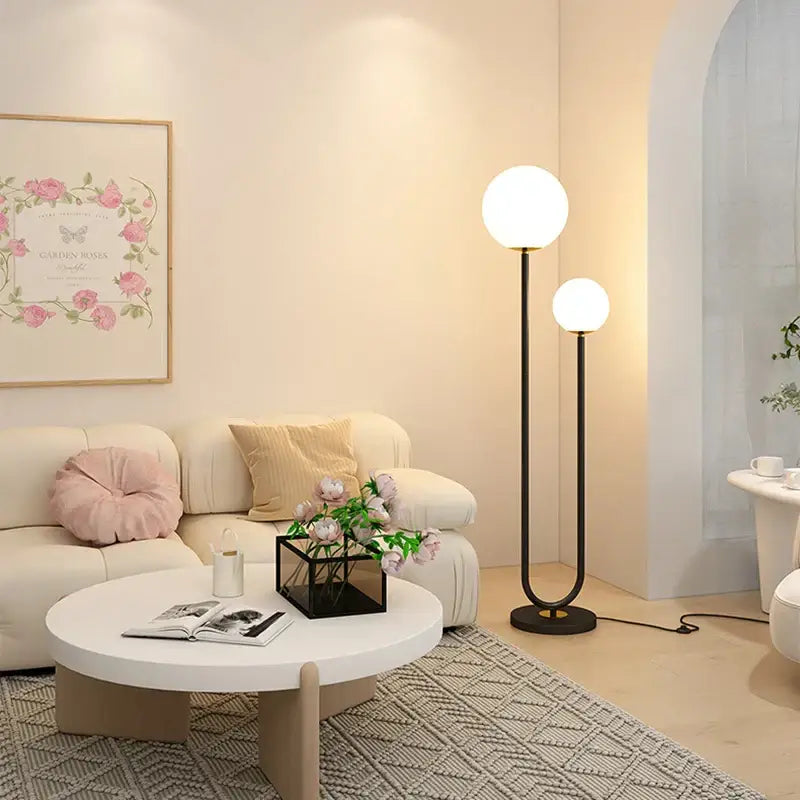 Modern red and white metal floor lamp living room dual glass spheres