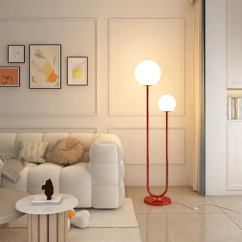 Modern red and white metal floor lamp living room dual glass spheres
