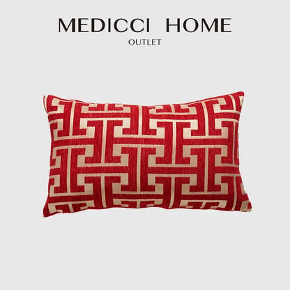 Modern red & cream geometric chenille lumbar pillowcase living room