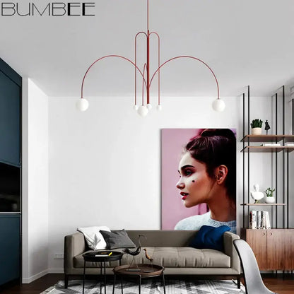 Modern red designer line chandelier living room globe light