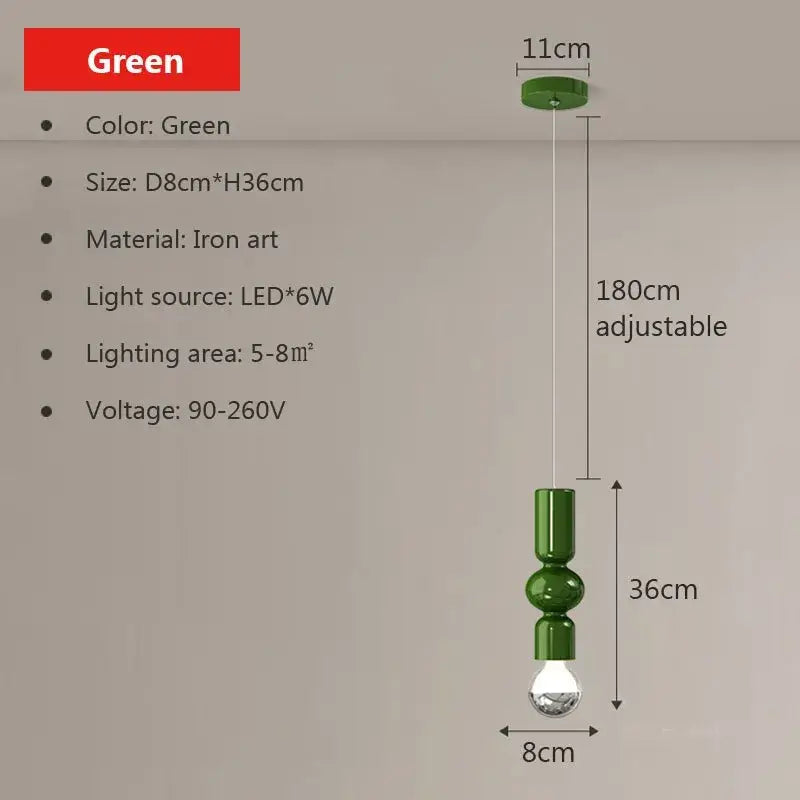 Modern red & green caterpillar iron led pendant light bedroom