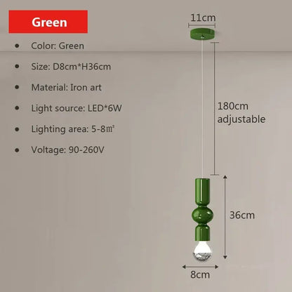 Modern red & green caterpillar iron led pendant light bedroom