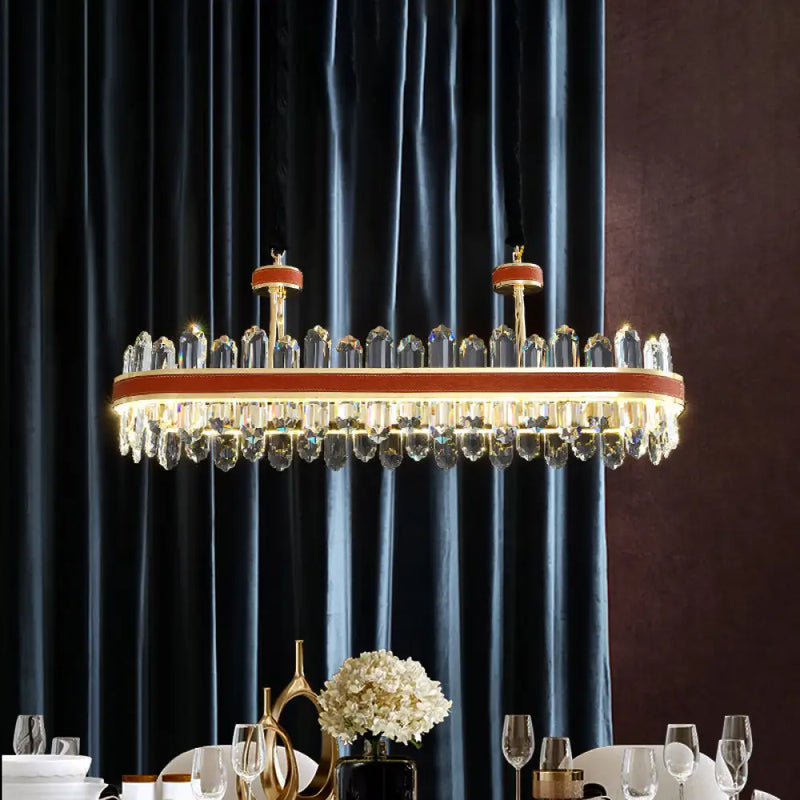 DecorBites™ Modern Red LED Island Hanging Light with Crystal Block Detail - Rectangular Leather Ceiling Suspension Lamp