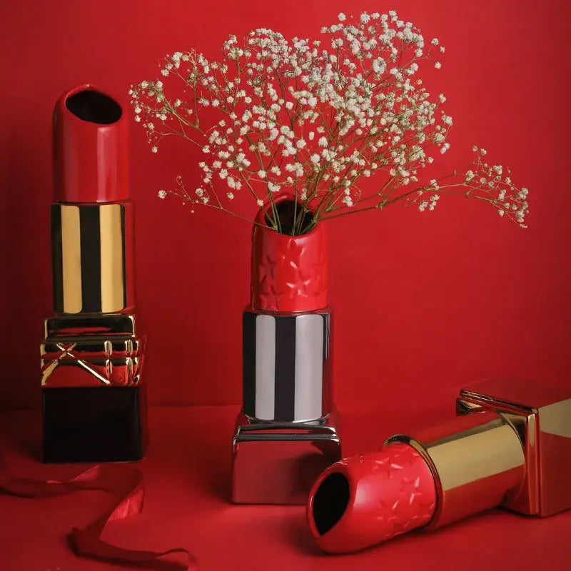 Modern red lipstick shape ceramic vase living room floral decor
