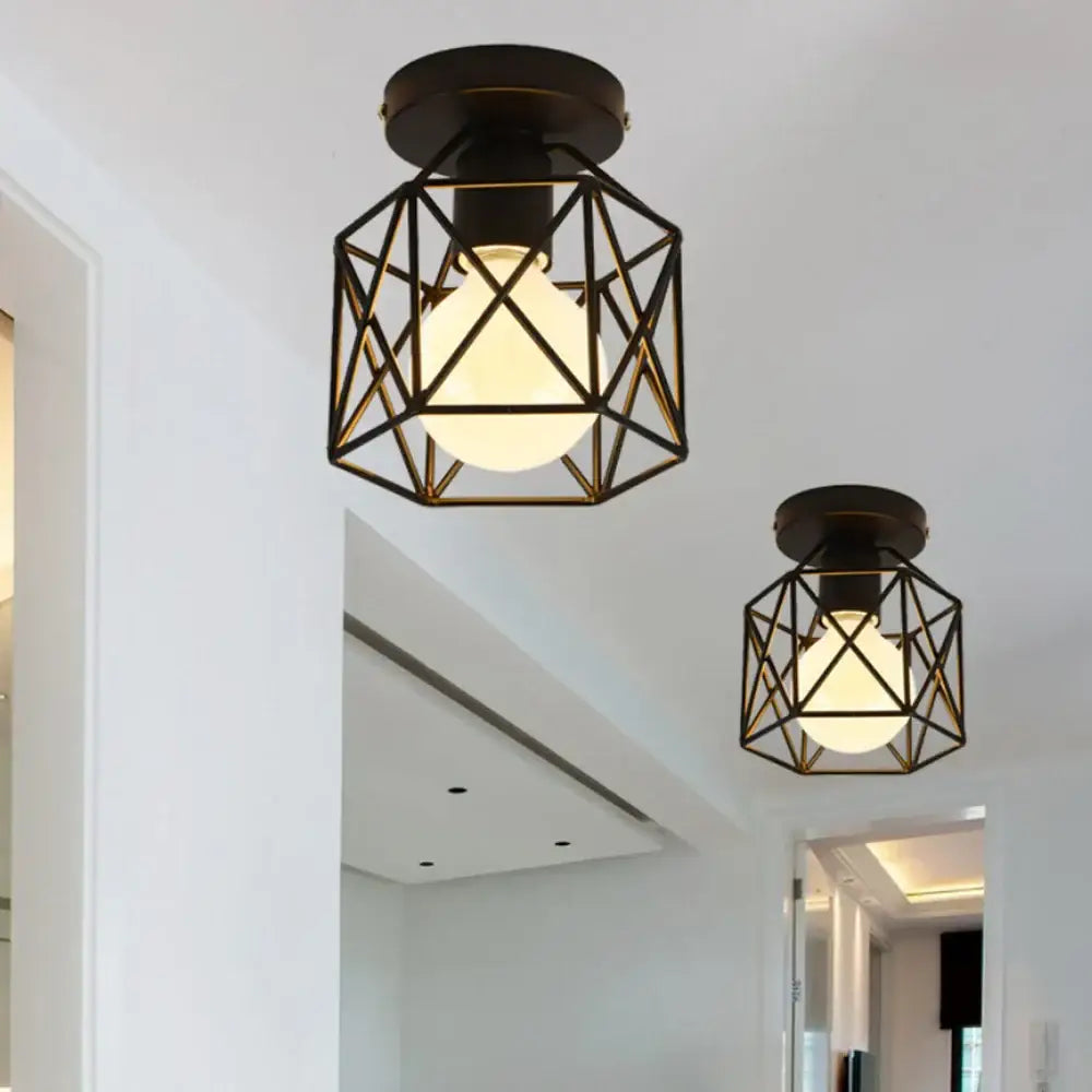 Modern retro black iron cage ceiling light for kitchen lighting