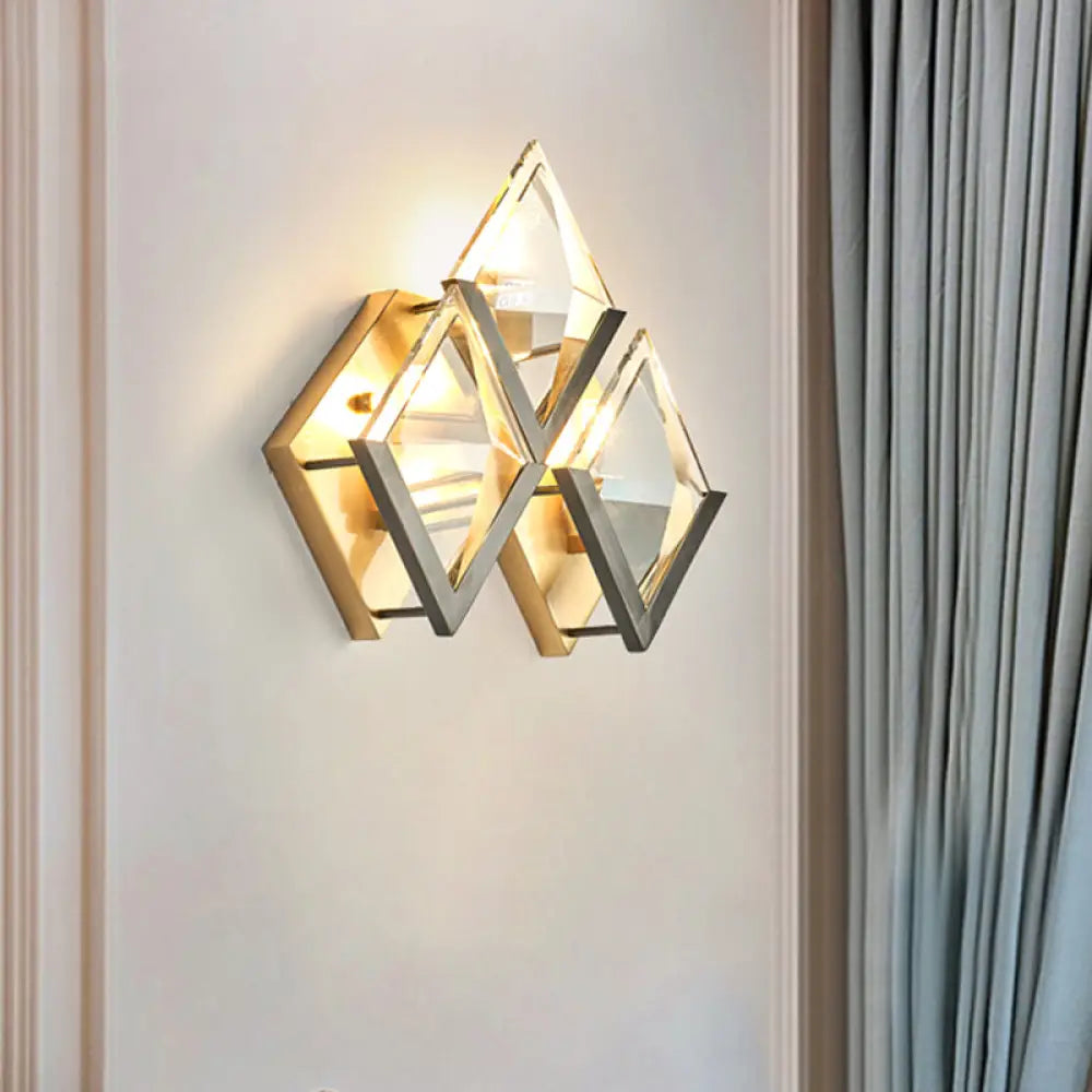 DecorBites™ Modern Rhombus Wall Sconce Light with Clear Crystal and Metal Accents - 3 Lights - Golden Finish