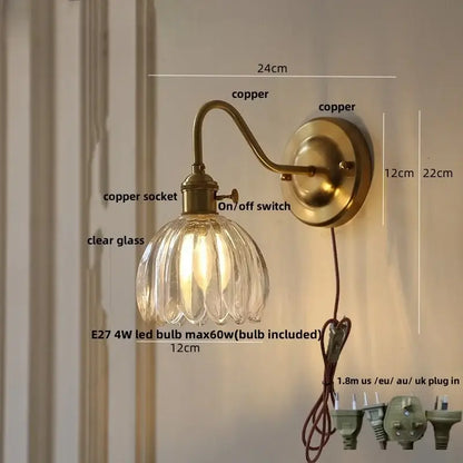 Modern ribbed amber glass copper led wall sconce bedroom lamp