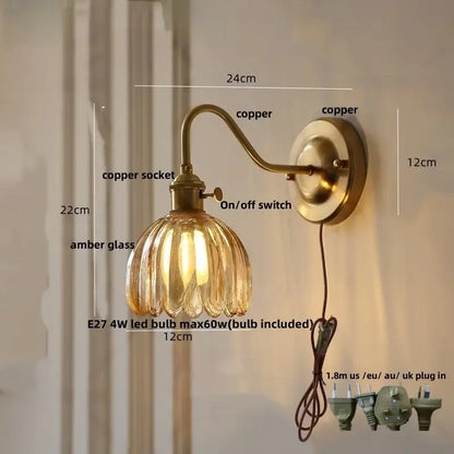 Modern ribbed amber glass copper led wall sconce bedroom lamp