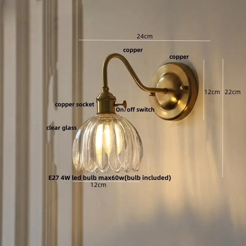 Modern ribbed amber glass copper led wall sconce bedroom lamp