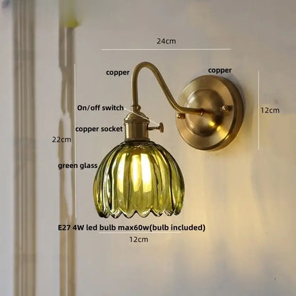 Modern ribbed amber glass copper led wall sconce bedroom lamp