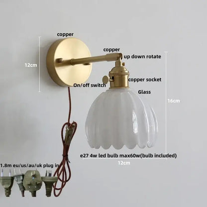 Modern ribbed amber glass copper led wall sconce bedroom lamp