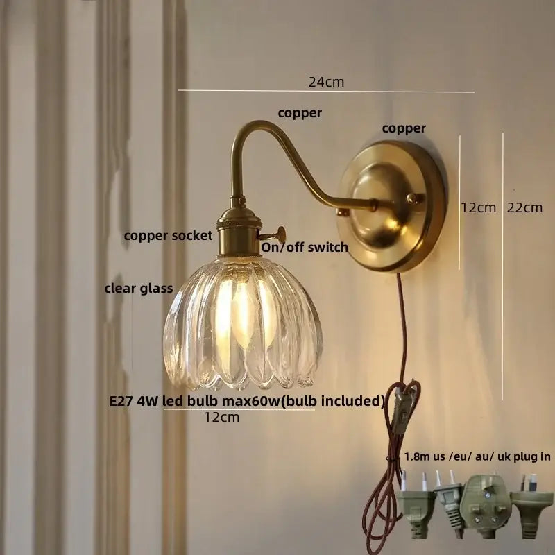 Modern ribbed amber glass wall sconce bedroom glass copper knob