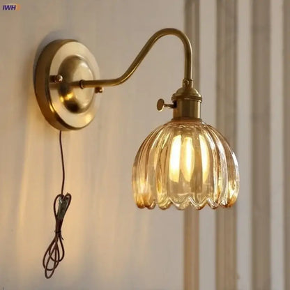 Modern ribbed amber glass wall sconce bedroom glass copper knob