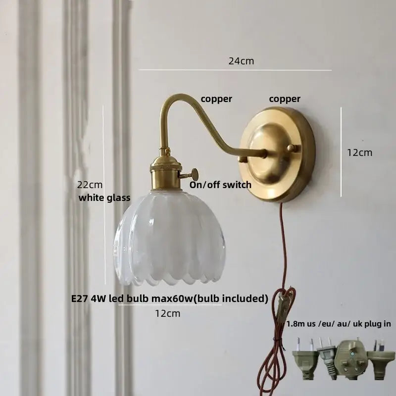Modern ribbed amber glass wall sconce bedroom glass copper knob