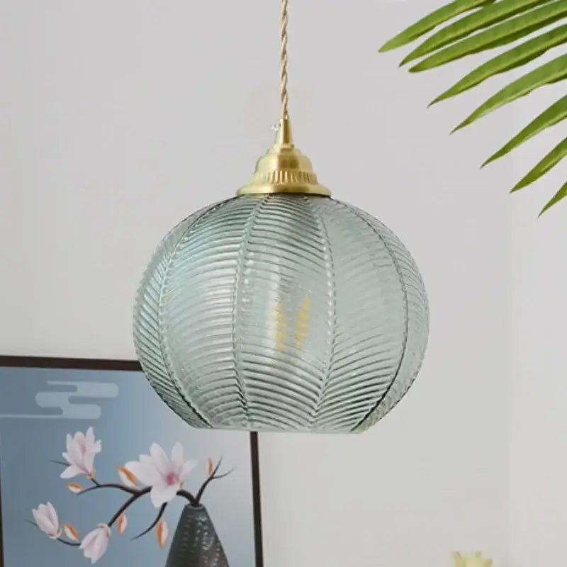 Modern ribbed blue glass led pendant light for kitchens