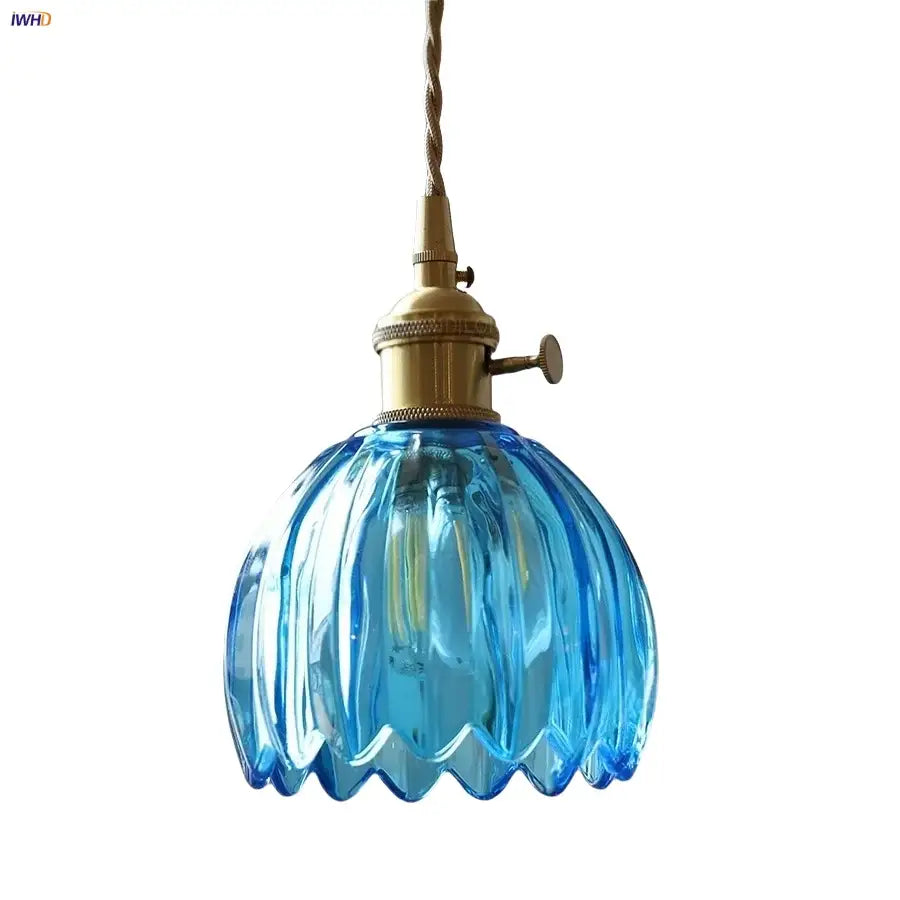 Modern ribbed blue glass pendant light for dining room
