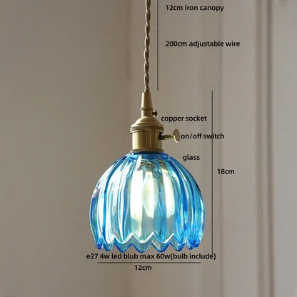 Modern ribbed blue glass pendant light for dining room