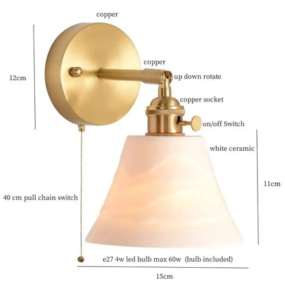 Modern ribbed ceramic led wall light bedroom brass pull chain