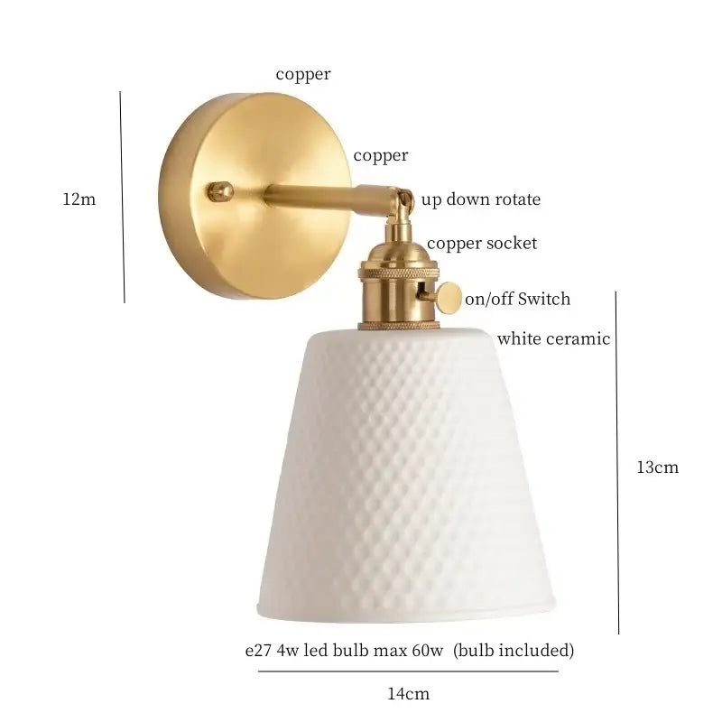 Modern ribbed ceramic led wall light bedroom brass pull chain